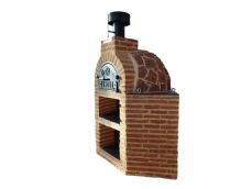 HORNO CON MESA INTEGRADA  ESQUINADA ALTA A JUEGO 1 SOLO BLOQUE ACABADA EN PIEDRA ROJA HISPANA Y LADRILLO MUDEJAR VIEJO JUNTAS BLANCAS ROTAS