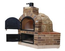 HORNO DE LEÑA CUADRADA ESQUINADA EN PIEDRA MEDITERRANEA EMBOCADURA LADRILLO CUERO TOSTADO